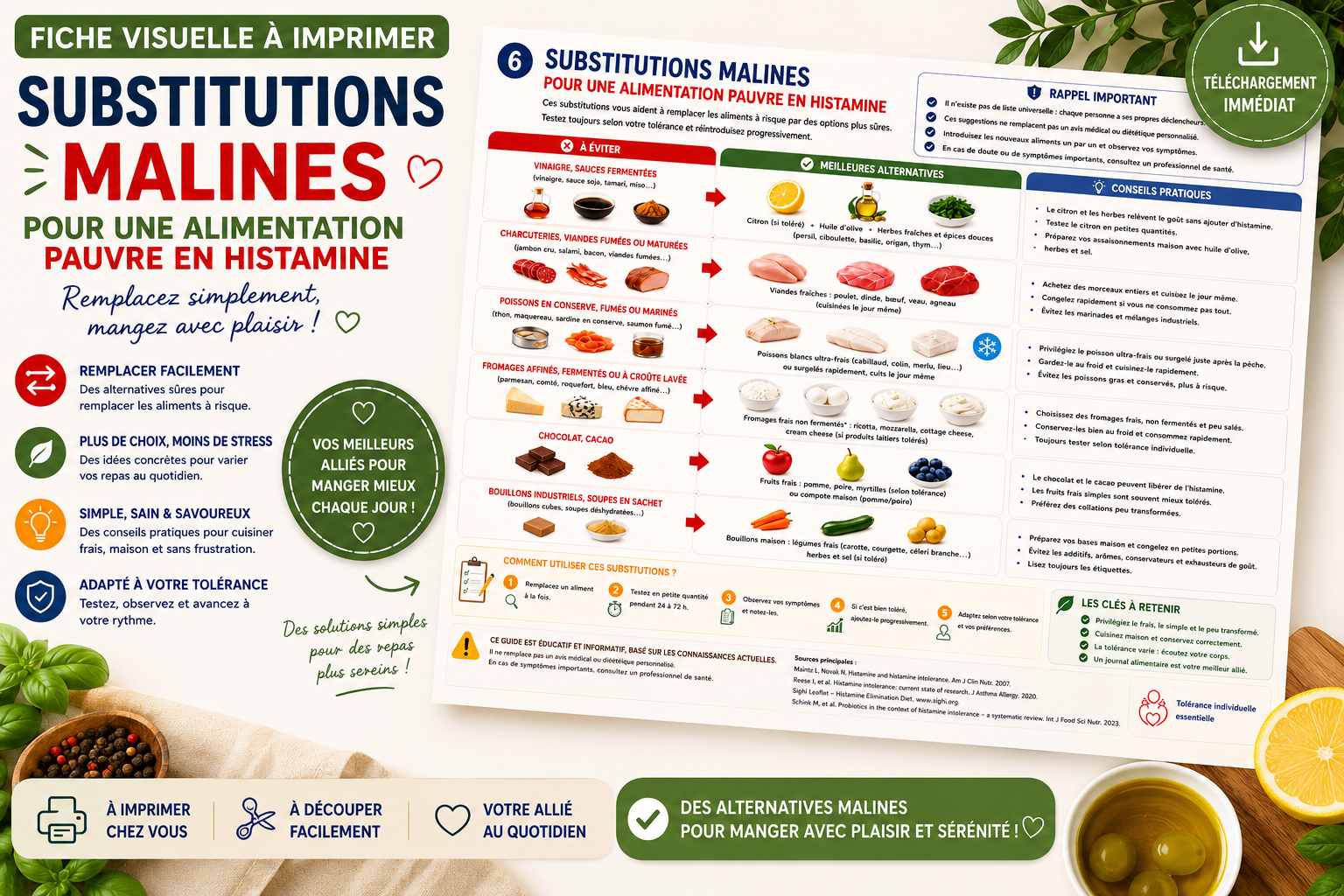 Fiche visuelle substitutions malines pour une alimentation pauvre en histamine